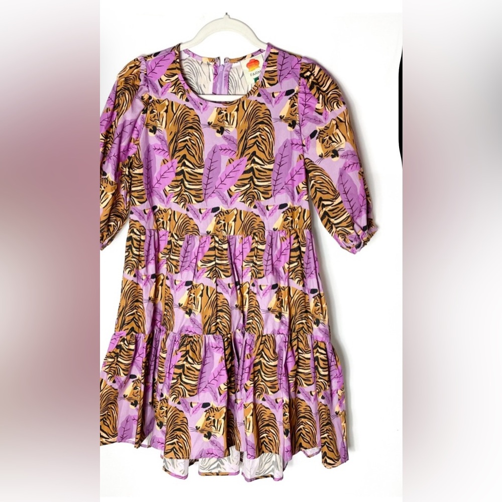 Farm Rio Tiger Leaves Dress Purple Mini Tiered Short Puff Sleeve Casual Sz XXS - Picture 2 of 2
